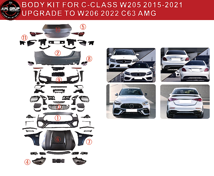 Benz For W205 Upgrade to W206 Amg C63 Wıth Headlıgh Taillıght Hood Fenders 2015-2018 - 2